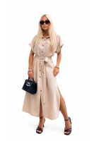 Sukienka Koszulowa Maxi Premium Wiązana w Pasie Elegancka Oversize Guziki Kieszenie - szampański